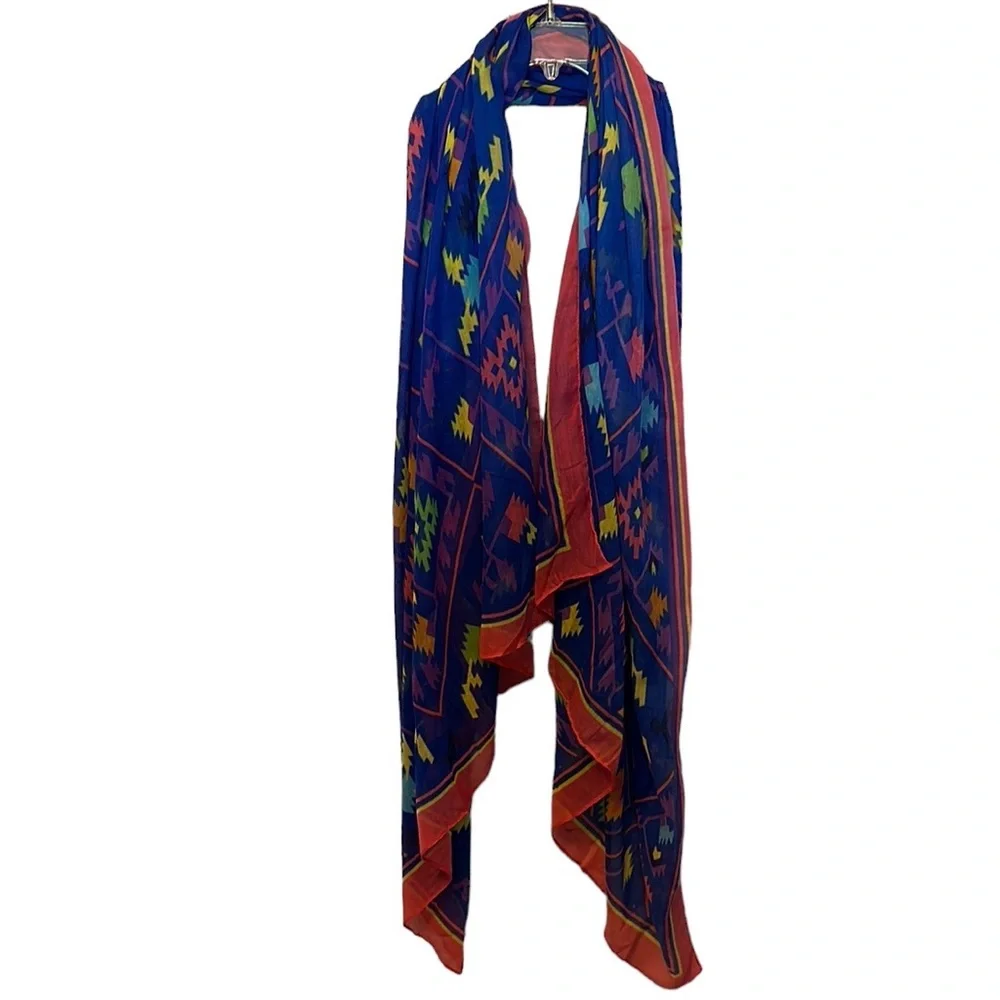 Bright Southwestern Print Sheer Scarf Blue Pink Boho Festival Wrap